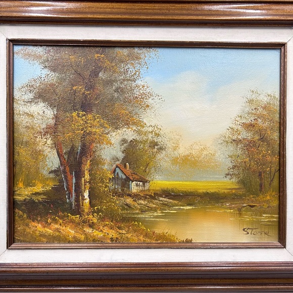 Original Oil Painting Cabin on Pond in Fall Framed Signed by Artist Stone 22x17 - Picture 2 of 9
